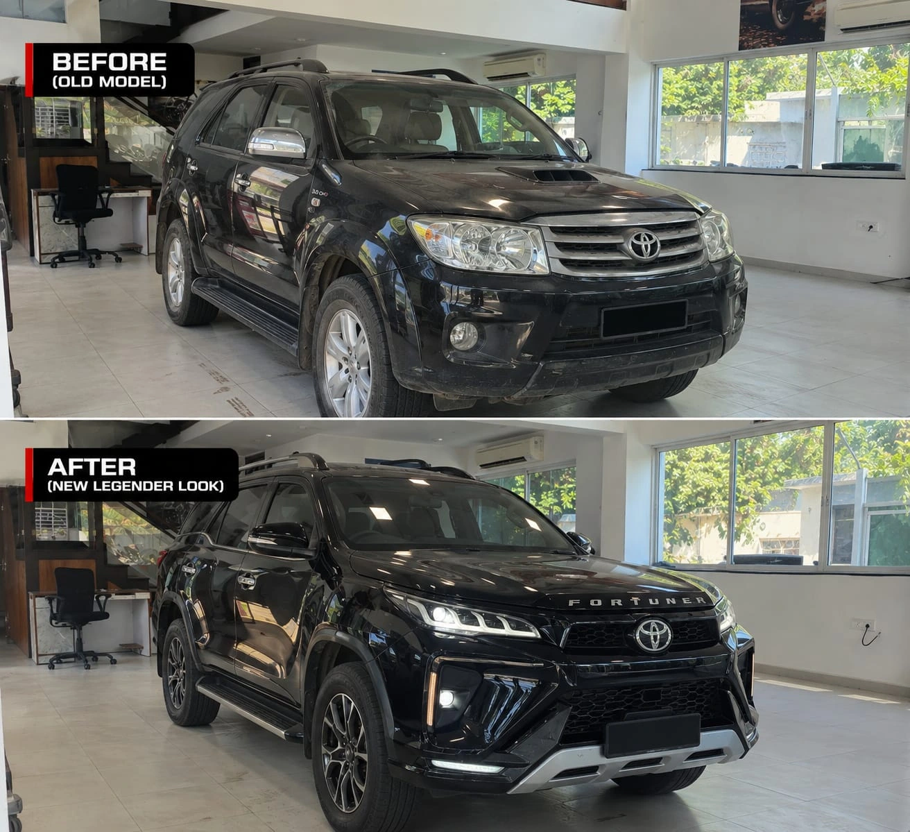 Real Revautoz work — Toyota Fortuner old model restyled to the new Legender look, complete front-end transformation