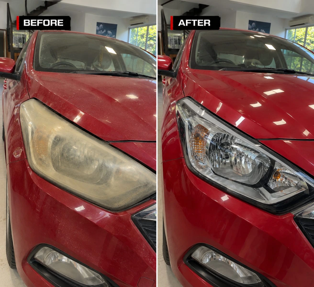 Real Revautoz work — cloudy yellowed headlight before, crystal-clear lens after restoration