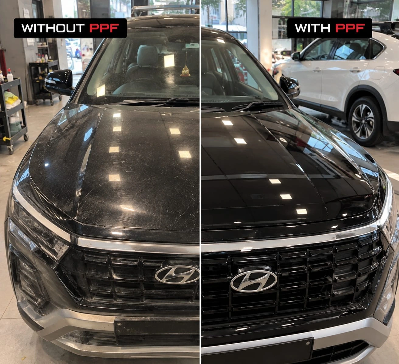Real Revautoz work — Hyundai bonnet without PPF versus with paint protection film, clean high-gloss finish
