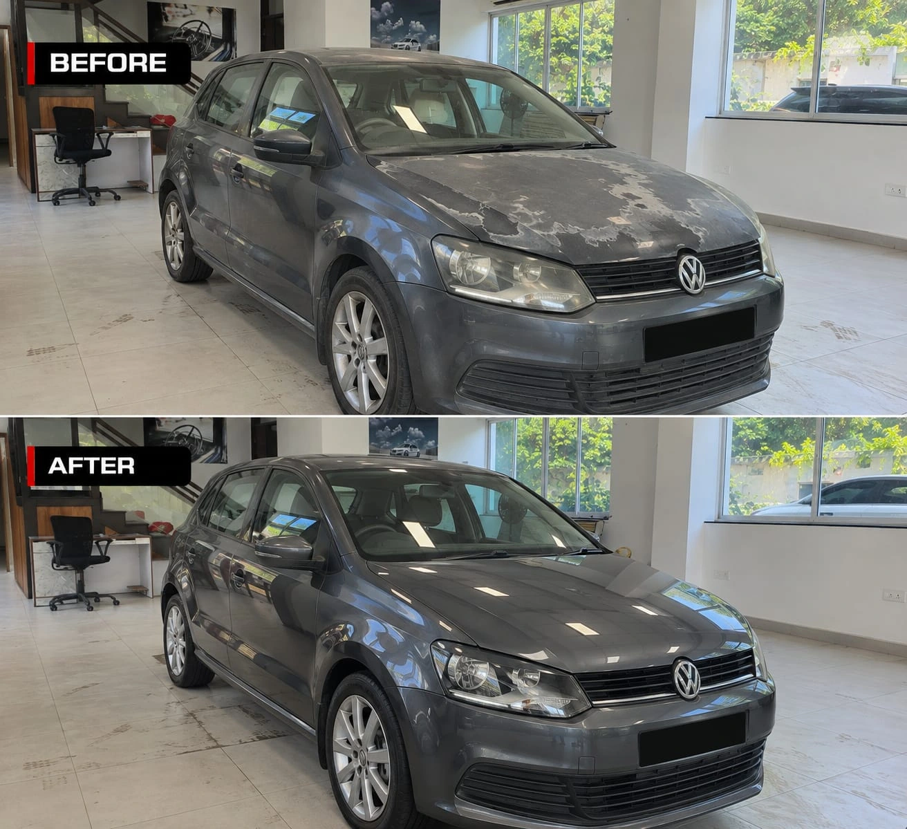Real Revautoz work — Volkswagen Polo with sun-faded patchy paint before, even deep factory gloss after restoration