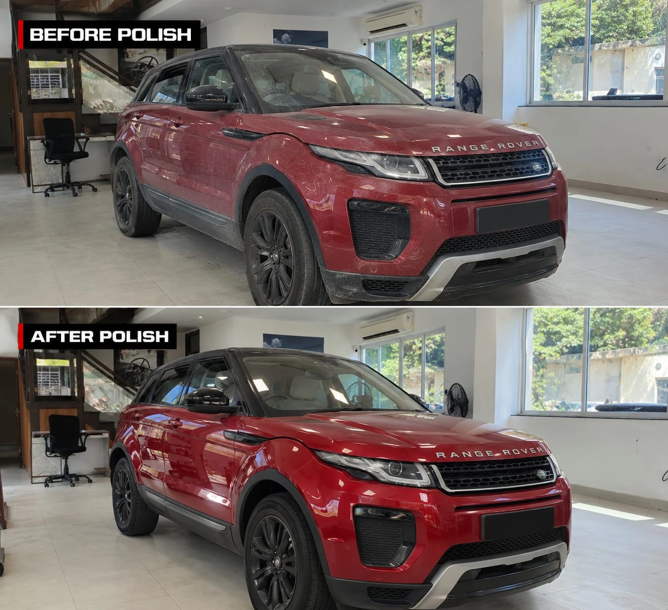 Real Revautoz work — Range Rover Evoque before polish and after polish, paint depth and gloss restored