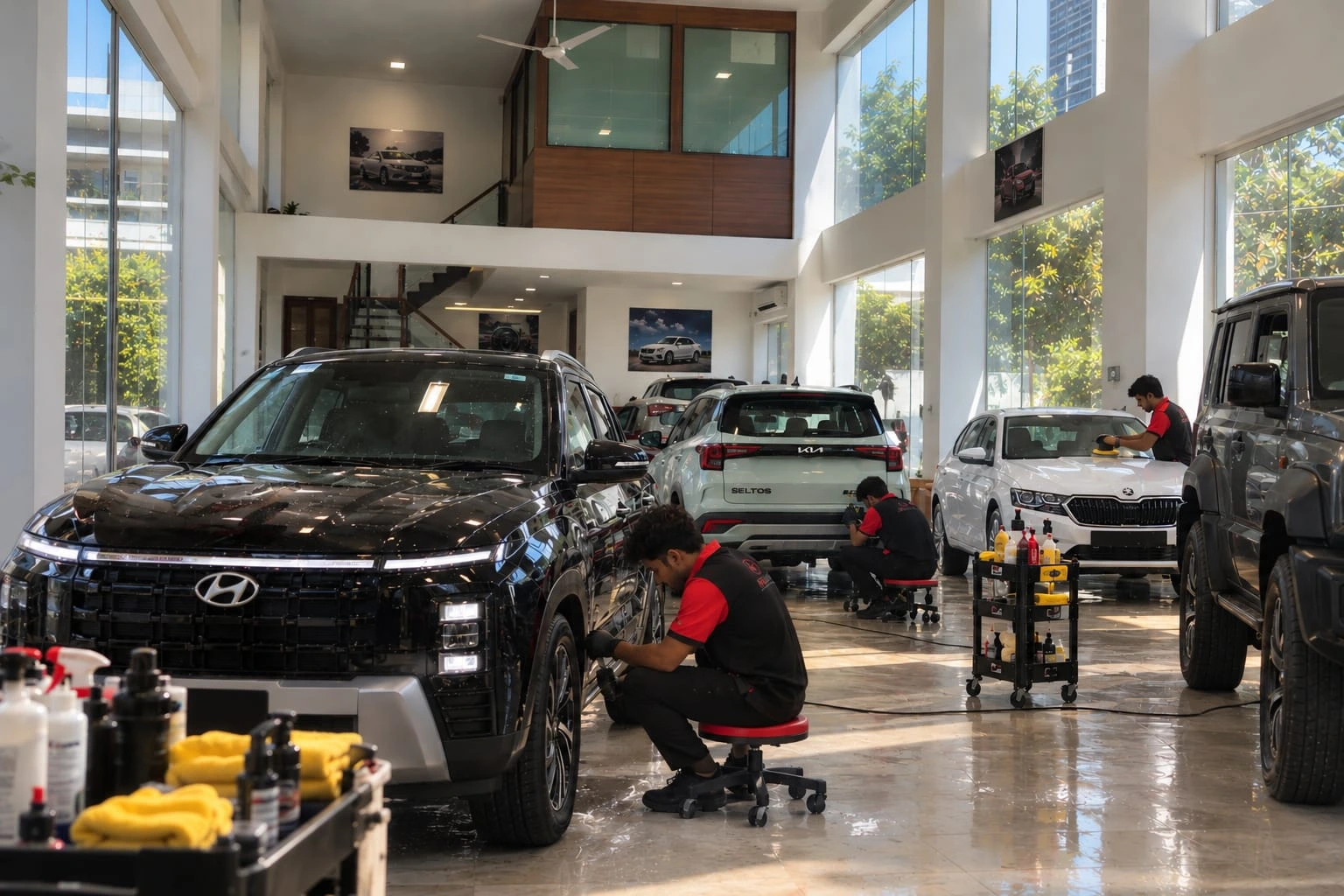 Real Revautoz studio floor — vehicles being assessed and detailed