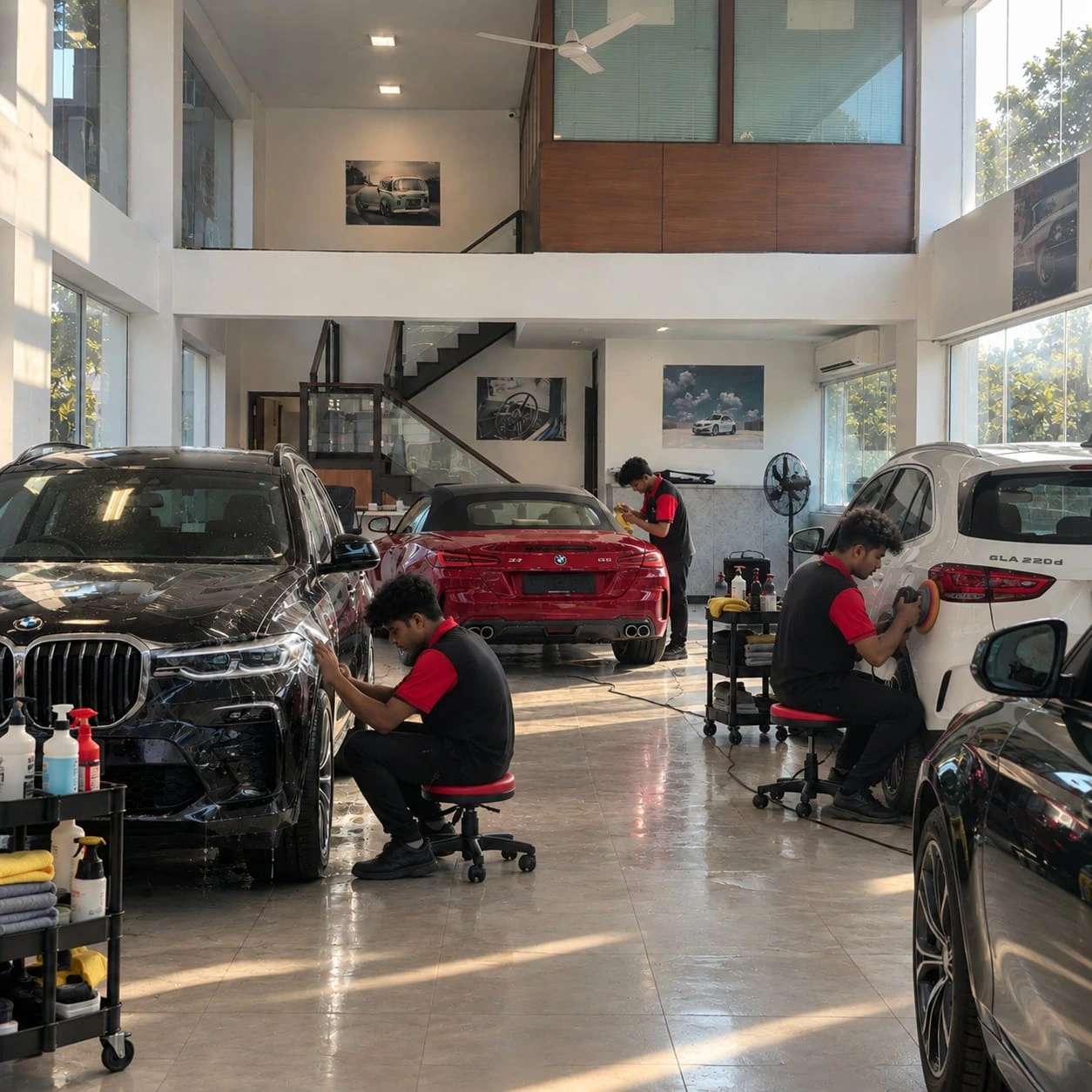 Real Revautoz studio — technicians working across a BMW X7, BMW Z4 and Mercedes GLA on the detailing floor