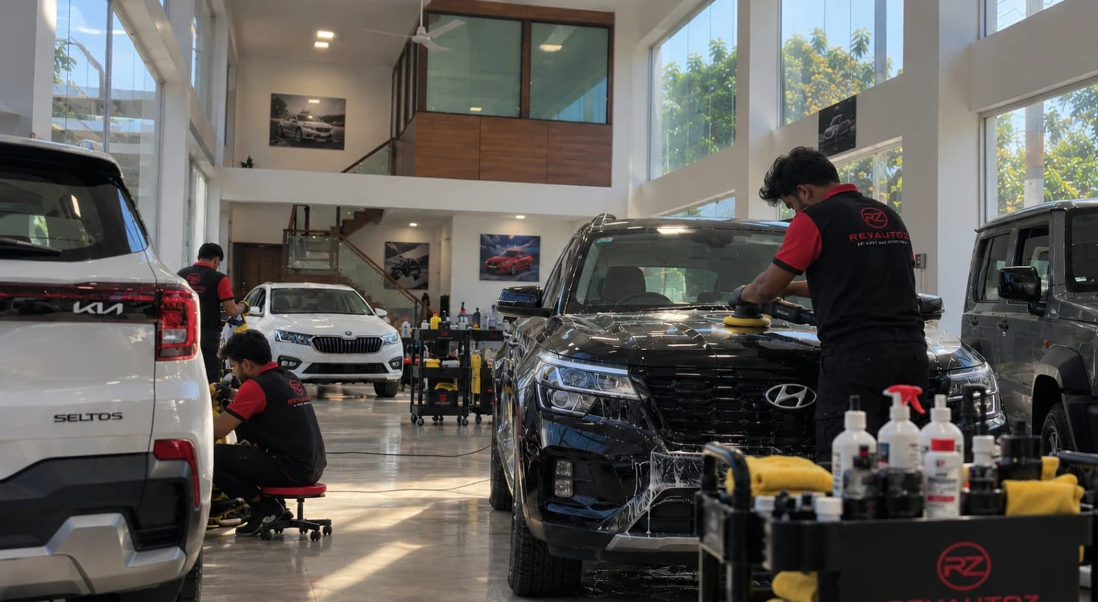 Real Revautoz work — technician machine-polishing a Hyundai SUV on the studio floor