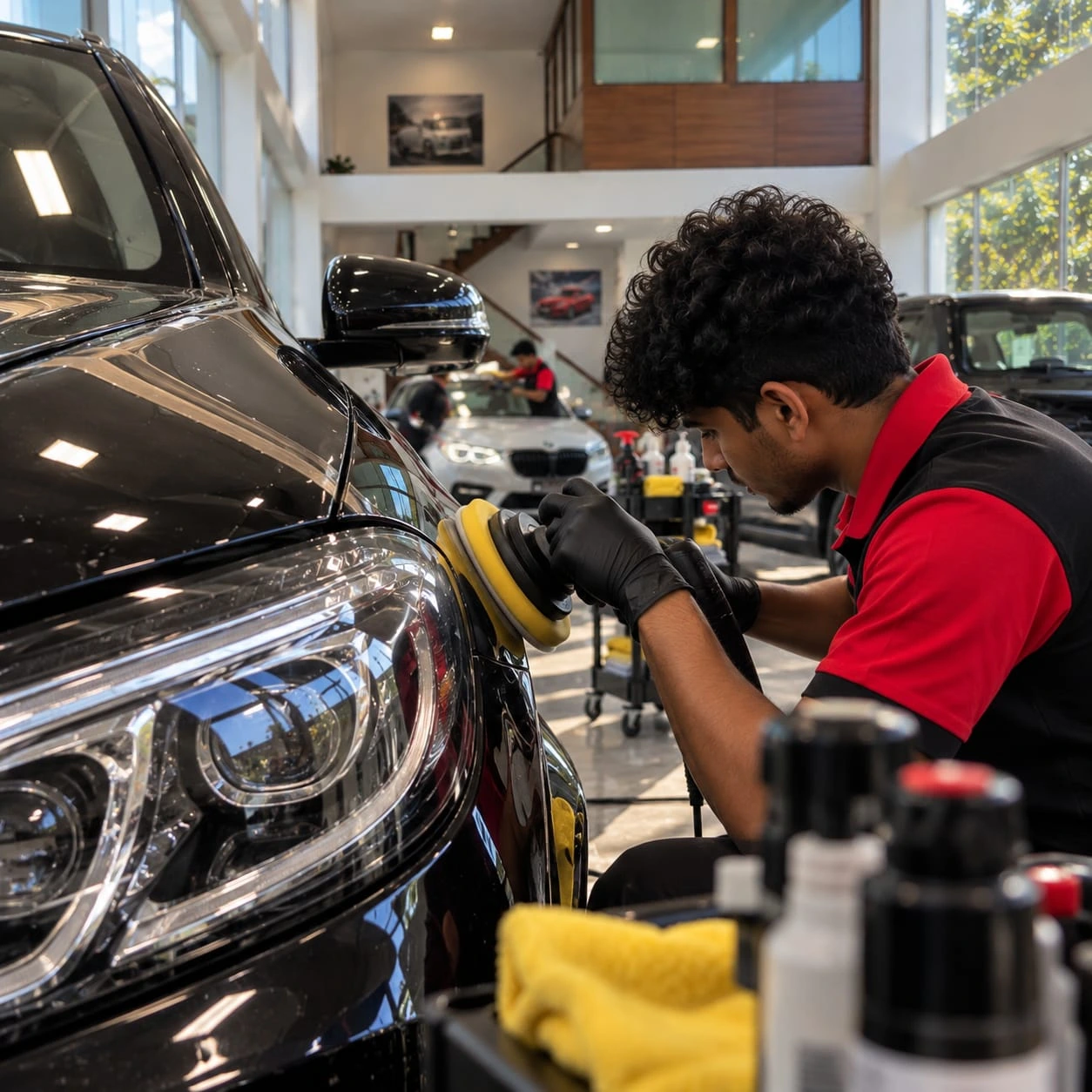 Real Revautoz work — technician machine-polishing a headlight and fender with a dual-action polisher