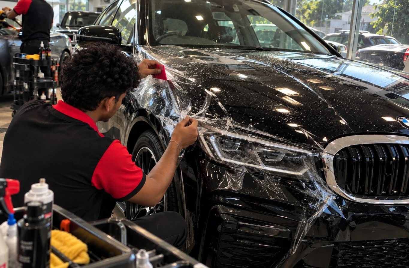 Real Revautoz work — paint protection film being applied to a BMW X5 bonnet