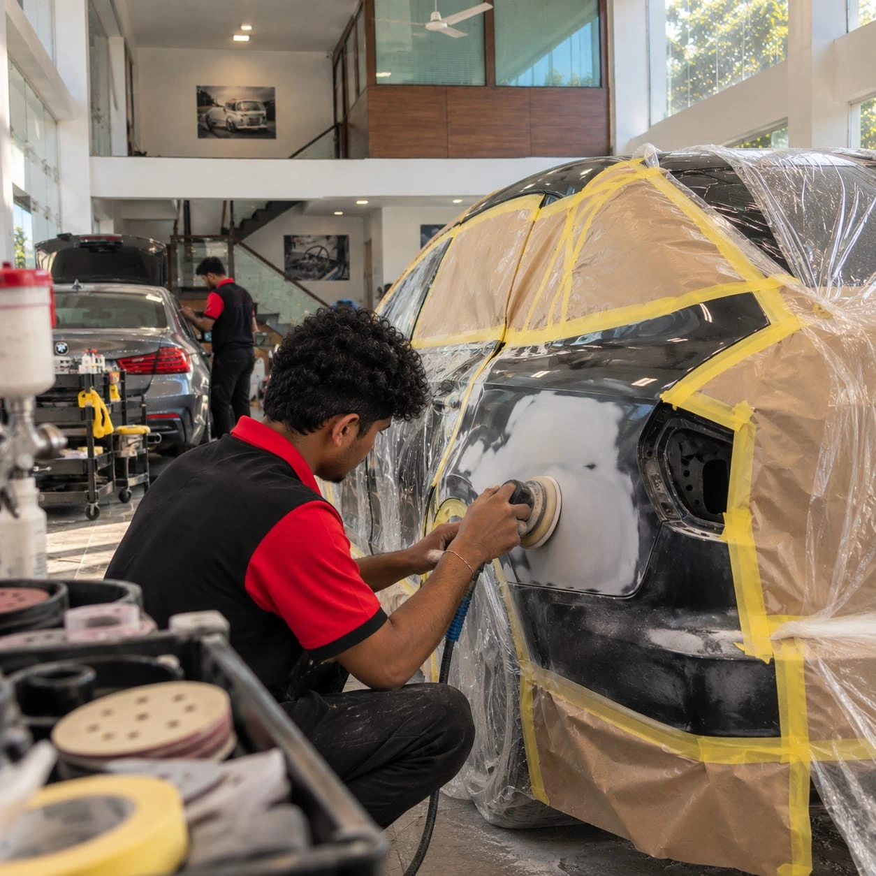 Real Revautoz work — technician refinishing a masked panel during bodywork restoration